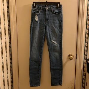 blue jeans, cut out on both front legs